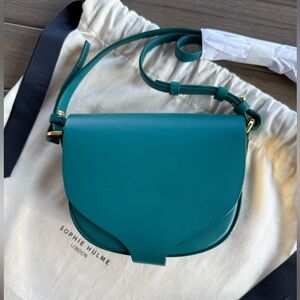 Sophie Hulme Teal Leather gold Hardware Mini Crossbody Bag with Saddle Design.